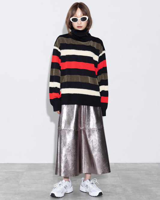 Mixed Fabric Border Turtleneck Knit